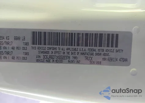 2019 Ram 1500 Classic Tradesman 4X2 8' Box z USA, uszkodzony, nr VIN 3C6JR6DT1KG522370
